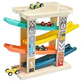 TOP BRIGHT Spielzeug-Autos für 1- und 2-Jährige - Kleinkind-Autostrecke mit 4 Mini-Autos - Hochwertiges Holz ohne BPA - Langlebig & Robust - Pädagogische Rennwagenbahn Autorennbahn - Bunt & Lustig