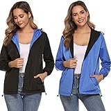 NB Damen Wasserdichte Regenjacke Zweiseitig Winddicht Regenmantel Leichte Kurze Jakce mit Kapuze Schwarz/Blau S