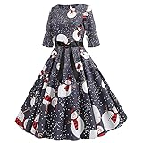 Retro Weihnachtskleid Dirndl Damen Winterkleid 3/4 Ärmel Rundhals Kleider Tunika mit Gürtel A-Linie großer Rock Wellensaum Partykleid Cosplay Kleid 70er Rockabilly