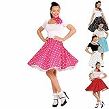 Amakando Swing Rock mit Halstuch 50er Tellerrock pink-weiß gepunktetes Rockabilly Outfit Rock'n'Roll Petticoat mit Polka Dots Faschingskostü