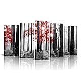 Kalormore 5 Stück roter Baum in schwarz weiß nebeliger Sonnenschein Wald Leinwand Wandkunst Natur Landschaft Malerei Drucke Kunstwerk für Wohnzimmer Schlafzimmer Home Office Dekoration (L-60 x H-32)