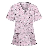 dkjawjcn Pflege Kasack Damen Bunt mit Motiv Schlupfhemd V-Ausschnitt Schlupfkasack mit Taschen Kurzarm T-Shirt Pflegekleidung Uniform Krankenschwester Bedruckt Berufskleidung Top