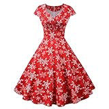 Weihnachtskleid Damen Elegant Kurzarm V-Ausschnitt Weihnachten Druck Kleid Frauen Vintage Christmas Partykleid Swing