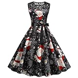 LIEIKIC Weihnachtskleid Damen Weihnachtskleider Retro Vintage Ärmellos Elegant Spitzenkleid Cocktailkleide Weihnachtsmann Elch Print Swing Kleid Abendk