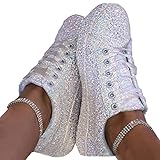 Minetom Sneakers Damen Pailletten Flache Low Sneaker Atmungsaktiv Glitzer Turnschuhe Outdoor Sportschuhe Laufschuhe Schuhe Schnürsenkel Walkingschuhe A Weiß 38 EU