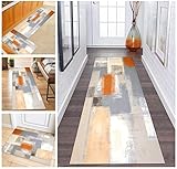 Läufer Teppich Flur Grau Orange Korridor Modern Designer rutschfest, Küchenläufer TeppichLäufer Waschbar für Flur Geometrie, Schlafzimmer Wohnzimmer, Breite 60cm/ 70cm/ 80cm/ 90cm/ 100cm/ 120