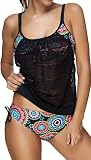 PANOZON Frauen schoene Tankini Zweiteilig Schwimmanzug Streifen Bademode Damen Strandmode Bikini Set (XL,3 Colorful)