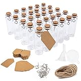 Surmounty Mini Glasflaschen 30Pcs Glasfläschchen mit Korken, 20ml Mini Bottle Set inkl. kleine Glasflaschen, Etikett, Herz Anhänger, Trichter, Juteschnur, Reagenzglas für Gewürze, Kräuter, S