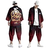 CHUIKUAJ Kimono Jacke Herren Japanische Strickjacke Haremshose Strandhose/Anime Red Dragon Print Freizeitkleidung/Loose Plus Size Streetwear,A-Larg