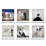 Banksy Bilder im 6 TLG. Wandbilder-Set, mit weißen Bilder-Rahmen aus MDF. Fine-Art-Print auf Forex. Seidenmatte, Moderne Optik. Für Fans von Banksy, Graffiti und Street Art Bildern. Wanddek