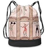 DDHHFJ Multifunctional Drawstring Backpack for Men & Women, Vintage Circus Characters Acrobat Bearded Lady Gymnast Strong Man Harlequin Mime,Travel Bag Sports Tote Sack with Wet & Dry Comp