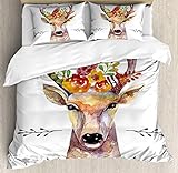 Wall Aion 3-teiliges Bettwäsche-Set, Indie-Bett-Komfort-Set, Hirschporträt im Aquarell-Stil, Boho-Blumenstrauß, Hipster, rustikales Kunstwerk, Bettbezug mit 2 Kissenbezüg