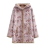AGOUWUCHE Plüschmantel Damen Oversize Winterjacke Teddy Fleecejacke Kapuzenjacke Vintage Drucken Warm Dicke Winter Plüschjacke Knopfdesign Sweatshirt Hooded Jacke Plüsch Pulli Kuscheljack