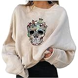 Zilosconcy Halloween Sweatshirt Damen ohne Kapuze: Oversize Pulli Teenager mädchen Vintage Rundhals Langarm Teufel Smiley Muster Pullover Weiss Hoodie Lässig