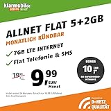 klarmobil Handyvertrag D-Netz Allnet Flat 5 GB - Internet Flat, Allnet Flat Telefonie & SMS in alle Deutschen Netze, EU-Roaming, monatlich kündb