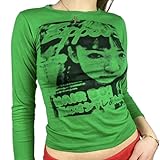 Beautmell Damen Gesicht Portrait Druck Langarm Crop Top Y2k Grafik Slim Fit T-Shirt 90er Jahre Vintage Tops Shirt Bluse Streetwear, grün, Larg