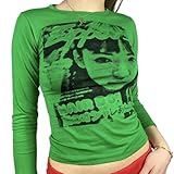 Beautmell Damen Gesicht Portrait Druck Langarm Crop Top Y2k Grafik Slim Fit T-Shirt 90er Jahre Vintage Tops Shirt Bluse Streetwear, grün, Larg