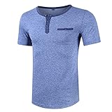 Shirt Herren Sommer Rundhals Knopfleiste Kurzarm Herren T-Shirt Basic Spleißen Taschen Herren Kragenloses Shirt Atmungsaktiv Slim Fit Moderner Herren Freizeitshirt E-Blue 2 M
