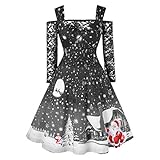 Mode Damen Weihnachten Kleider Party Karneval Kleid Abendessen Kleid Cocktailkleid Weihnachtsmann Muster Kalte Schulter Spitze T-Shirt Patchwork Vintag