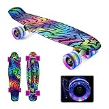 Skateboard Kinder, HOSWTLY Skateboard Retro Mini Cruiser Kickboard, 22 Zoll Kunststoff KomplettBoard mit ABEC-7 Kugellager, LED PU Leuchtrollen Skateboard für Anfänger, Kinder, Teenag