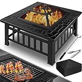 KESSER® Feuerstelle mit Grillrost & Grillzange Feuerschale 82x82x50cm, 3in1 Multifunktional Fire Pit für Heizung/BBQ Grill, Garten Terrasse, Metall Feuerkorb mit Schutzhülle Schürhaken Funk