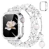 wlooo Ersatzarmband für Apple Watch 44mm 42mm 40mm 38mm, Frauen Mädchen Handgefertigtes Achat Elastisches Bracelet Kristall Perle Ersatz Armband & Glitzer Hülle für iWatch Series SE 6 5 4 3 2 1 (42mm)