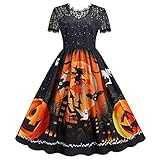 Blingko Kleider Damen Mode Kostüm Kürbis Muster 1950er Jahre Hausfrau Rundhals Langarm Lässigmit Halloween Print Kleid Reißverschluss Party Abendkleid Cosplay Karneval Festival Halloween Kostü