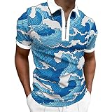 Mens Spring and Summer Fashion Lapel Zipper Short Sleeve Printed T Shirt Shirt Top Men C