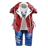 Yao 6M-5J Frühling Herbst Kleiner Baby Jungen Kleidungsset 3 Stück Langärmliges T-Shirt Pu Lederjacke und Jeans(6-12M, Braun)