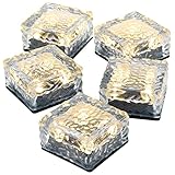 5er Set Solar Glasstein Pflasterstein Bodenleuchte Dekoleuchte mit 4 LED 10 x 10 x 5 cm robustes Milchglas mit Akku & Dämmerungssensor warmweiß