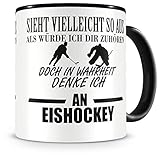 Samunshi® Ich denke an Eishockey Tasse Kaffeetasse Teetasse Kaffeepott Kaffeebecher Becher H:95mm/D:82mm schw