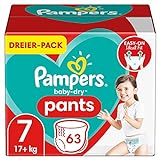Pampers Windeln Pants Größe 7 (17kg+) Baby Dry, 63 Höschenwindeln, Einfaches An- und Ausziehen, Zuverlässige Trock
