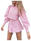 Damen Plaid 2 Stück Sets Langarm Bluse und Elasit Hohe Taille Weites Bein Shorts Anzug Set, rose, M