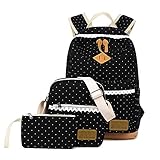 Mädchen Tasche 3 Set Daypack mit Schulrucksack, Schultertasche, Geldbeutel SKYIOL Segeltuch Tagstasche mit Punkten und Spitzen Perfekt für Schule Reise Freizeit (Schwarz)