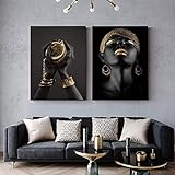 KELEQI Afrikanische Frau Wandkunst Bild Schwarz und Gold Hand Kontemplator Poster und Drucke Leinwand Malerei für Wohnzimmer Dekor (30x50cm) X2 R