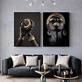 KELEQI Afrikanische Frau Wandkunst Bild Schwarz und Gold Hand Kontemplator Poster und Drucke Leinwand Malerei für Wohnzimmer Dekor (30x50cm) X2 R