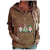 Weihnachtspullover Damen Weihnachts Hoodie Sweatshirt Knopfleiste Lustige Hässliche Christmas Pullover Rentier Bambi Schneemann Weihnachtspulli Kapuzenpullover mit W