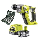 RYOBI 18V ONE+ Akku Bohrhammer R18SDS-0 mit 4,0 Ah Lithium-Ionen-Akku, Schnellladegerät und 15-tlg. SILVERLINE SDS-Bohrer- und Meiß