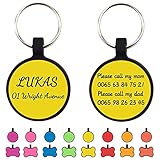 Uiopa 2 Stück Hundemarke mit Gravur, Knochen/Runde Hundemarke Personalisiert Silikon Adressanhänger Hund und Katze Hundemarken, Hundehalsband Anhänger für Hunde und Katzen (Runden Gelb)