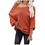 RMBLYfeiye Damen Casual Strickpullover Off Shoulder Langarmshirt Oversize Pullover Schulterfrei Basic Strickpullover Einfarbig Tunika Lockere Oberteile Tops Baggy Frauen Herbst W