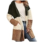 AGOUWUCHE Damen Strickjacke Langarm Offene Strickmantel Klassisch Farbblock Lang Casual Plush Cardigan mit Taschen Female Autumn Winter Warm Outwear Mode Hoodies Mantel M