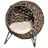 Pawhut Katzenhaus aus Rattan mit Kissen Katzenschlafplatz Katzenhöhle mit erhöhten Füßen Braun Ø52 x 58