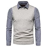 FENXIXI Gefälschter zweiteiliger Herrenpullover, kariert, Reverskragen, langärmelig, Strickpullover (Farbe: Grau, Größe: XXL)