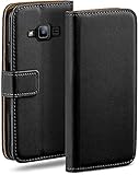 moex Klapphülle für Samsung Galaxy J3 (2016) Hülle klappbar, Handyhülle mit Kartenfach, 360 Grad Schutzhülle zum klappen, Flip Case Book Cover, Vegan Leder Handytasche, Schw