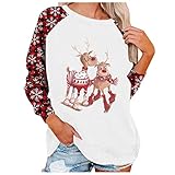 TTWOMEN Damen Rundhalsausschnitt Langarm Bluse Shirts Weihnachten Elch Patchwork Plaid Print Pullover Sweatshirts Top