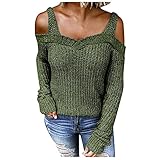 Pullover Damen Schulterfrei Oberteile Off Shoulder Shirts Casual Kalte Schulter Lässiger Pullover Einfarbig Strickpullover Langarmshirt Tunika Lockere Oberteile Warme Oversize Strickpulli Top