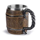 Vecksoy 450 ml Holznachbildung Fass Edelstahl Bierkrug Doppelwandiger Krug Trinkbehälter mit Griff Pirat Wikinger Tasse Fantasy Mittelalter Taverne Holz Krug für Bar Restaurant Heimdek