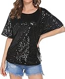 Damen Glitzer Shirt Pailletten Bluse Sequin Oberteile Party Tunika Sparkle Shine Tops Schwarz L