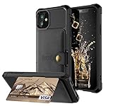 Schutzhülle aus PU-Leder für iPhone 12 Mini, Apple Magnetischer Ständer mit 3 Kartenfächern (Ausweis, Kreditkarten-Bilderrahmen oder Lizenz), 15.5 cm Fallschutz, präzise Aussparungen, Unisex, Schw