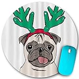 Rundes Mauspad, Weihnachtskarte Mops Hund in Horn Deer, rutschfeste Gummibasis Office Home Mauspads Klein 7,9x7,9 in Mouse M